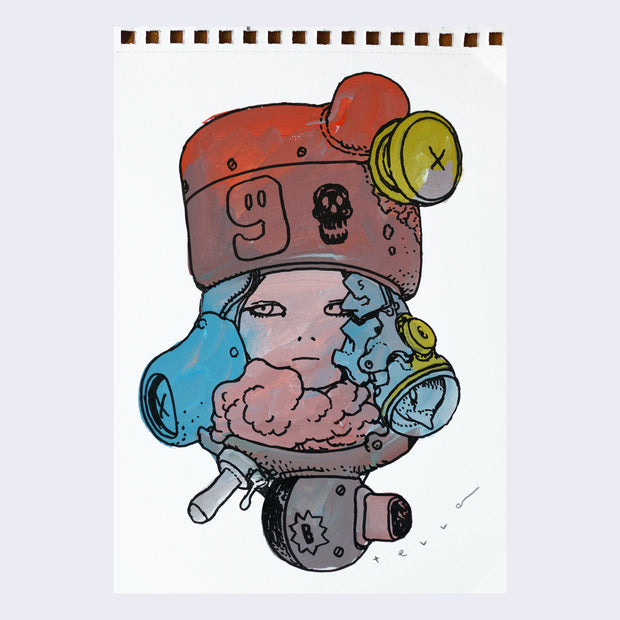  Black line art illustration of a girl visible from only the neck up.  She wears a squarish metal helmet with two rounded elements jutting out and a 9 on it. Around her neck is a pink fluffy object and attached to her face are two metal elements, one with a bird encased inside. Drawing is colored in with red, pink, blue and gray paint.