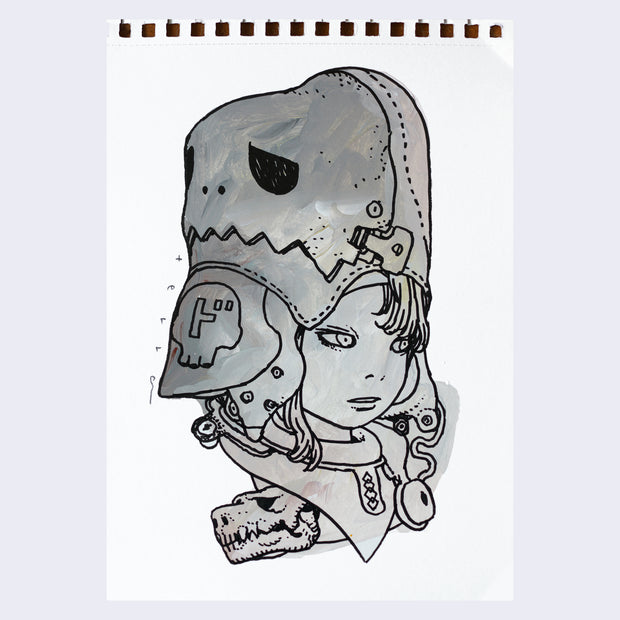  Black line art illustration of a girl visible from only the neck up. She looks off to the side with her mouth slightly ajar and wears a layered metal helmet with a skull head with jagged teeth attached to the side of the helmet. Drawing is colored in with gray paint with visible brush strokes.