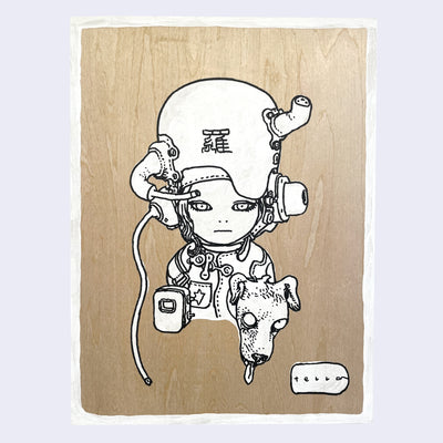 Black line art illustration on wood of a young person, seen only from the chest up with a large helmet with two pipes coming out of it. They have large headphones over their ears and wear a uniform inspired outfit, with a small dog head near their chest. Drawing is colored in with white paint with visible brush strokes and piece has a white border.