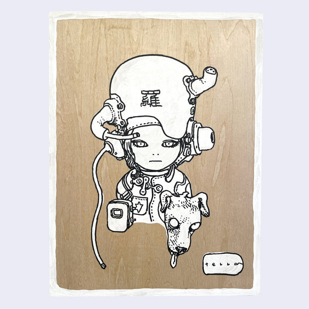 Black line art illustration on wood of a young person, seen only from the chest up with a large helmet with two pipes coming out of it. They have large headphones over their ears and wear a uniform inspired outfit, with a small dog head near their chest. Drawing is colored in with white paint with visible brush strokes and piece has a white border.