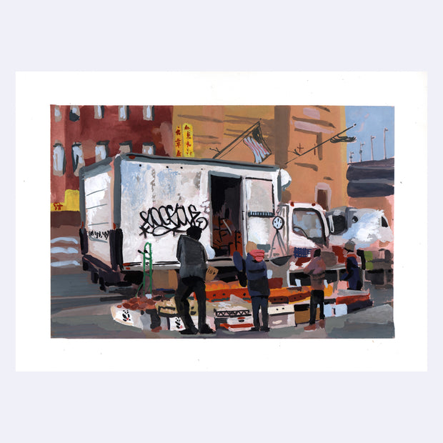 Plein air painting of people unloading several boxes of produce off of a white graffitied truck.