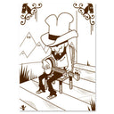 Brown line art illustration on white paper of a person wearing a large cowboy hat that obstructs most of the face, sitting on a wooden chair and playing the banjo. An abstracted mountain range is in the background, with cartoon horse torsos decorating the top corners of print.