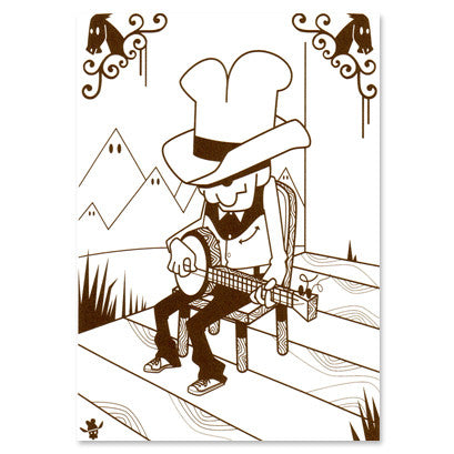 Brown line art illustration on white paper of a person wearing a large cowboy hat that obstructs most of the face, sitting on a wooden chair and playing the banjo. An abstracted mountain range is in the background, with cartoon horse torsos decorating the top corners of print.