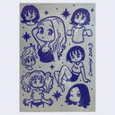 Blue marker drawing on grey paper of 7 sketches of differently posed anime women, all in the same style. Some are close up head portraits, others are full or half body renderings.