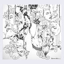 Ink sketch consisting of many patterns and floral motifs, centering around a nude woman who looks off to the side. She is surrounded by many faces.