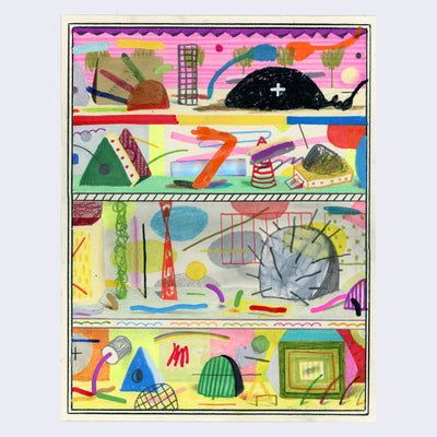 Colorful mixed media drawing divided into 4 horizontal quadrants, like floors in a house. Each floor has a variety of colorful abstract shapes and scribbles, pieced together like a collage.