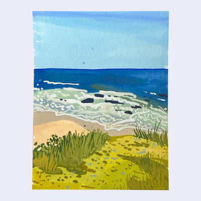 Colorful plein air painting of a beach setting, a calm ocean with no waves but some foam at the shore. It's framed by some greenery.