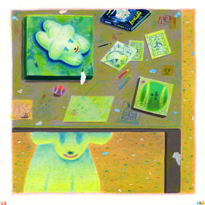 Color pencil drawing of a messy desk space, with lots of post it notes, a tennis ball, a book, some pencils and doodles on it. Under the desk is a neon green cartoon dog, peeping out.