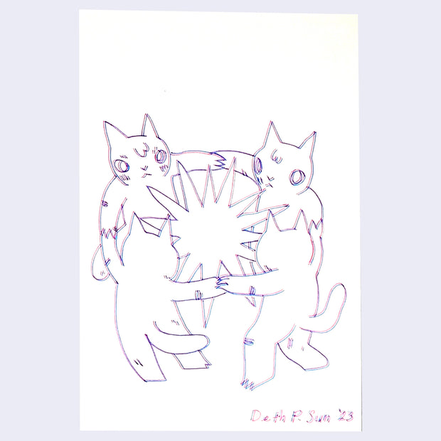 Drawing using a 3D pen, creating a pink line and slightly offset blue line for the same drawing. A group of 4 cat stand in a circle, all holding hands. In the center is a large bursting star.