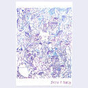 Drawing on white paper using a 3D pen, which makes both a pink and slightly offset blue line from the same stroke. A cat is hidden amongst a large amount of plants, with only its head and hands visible.