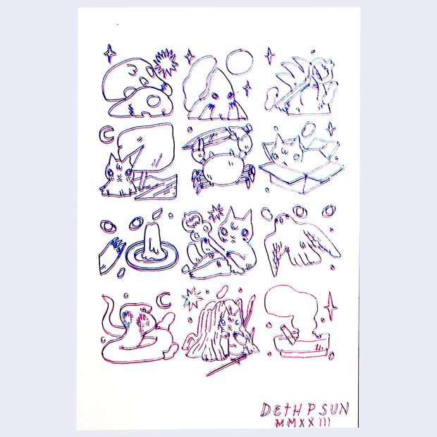 Drawing using a 3D pen, creating a pink line and slightly offset blue line for the same drawing. A 3 x 4 grid of doodles featuring varying thematics of a mystery and danger, though with cute characters.