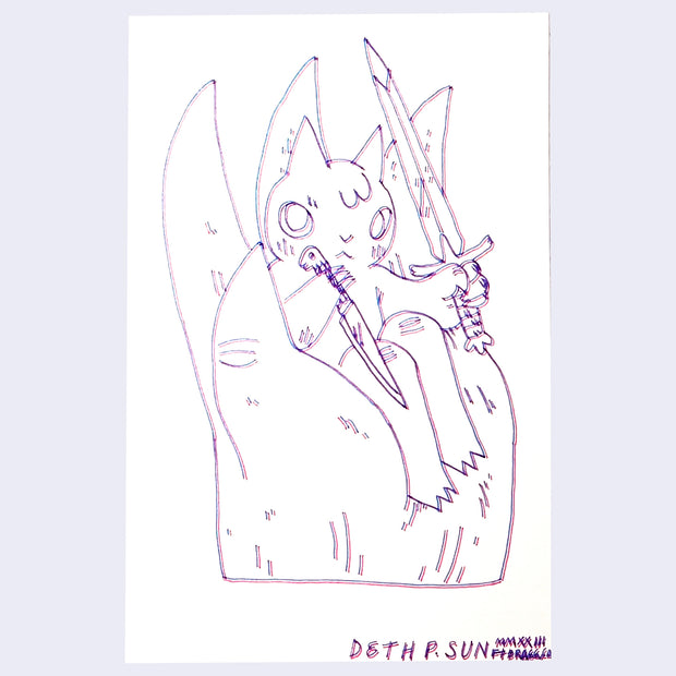 Drawing using a 3D pen, creating a pink line and slightly offset blue line for the same drawing. A cat sits in a large hand with sharp claws and holds a sword in one hand and a dagger in the other.