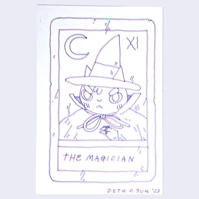 Drawing using a 3D pen, creating a pink line and slightly offset blue line for the same drawing, a mock tarot card titled "The Magician". Above the text is a drawing of a cat wearing a pointed hat and a robe.