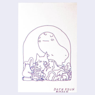 Drawing using a 3D pen, creating a pink line and slightly offset blue line for the same drawing. A cat lays in a sleeping bag on the ground, partially propped up and holding a sword. Behind him a friendly ghost floats up.