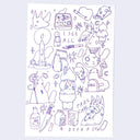 Drawing using a 3D pen, creating a pink line and slightly offset blue line for the same drawing. A series of drawings on white paper including cats, ghosts, weapons and mystical items.