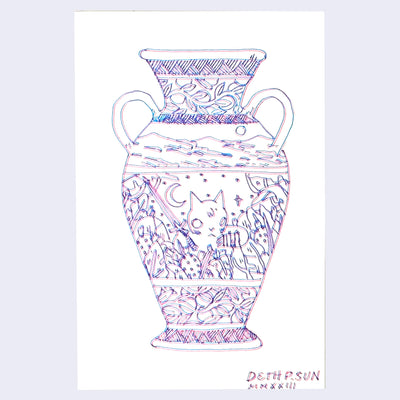 Drawing using a 3D pen, creating a pink line and slightly offset blue line for the same drawing. drawing of a tall ornate vase. It is designed similar to a Greek vase, with the center design being a cat sitting in a field of plants with a broken hand and a long knife.