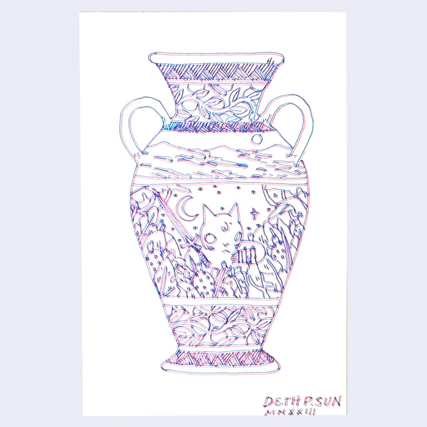 Drawing using a 3D pen, creating a pink line and slightly offset blue line for the same drawing. drawing of a tall ornate vase. It is designed similar to a Greek vase, with the center design being a cat sitting in a field of plants with a broken hand and a long knife.