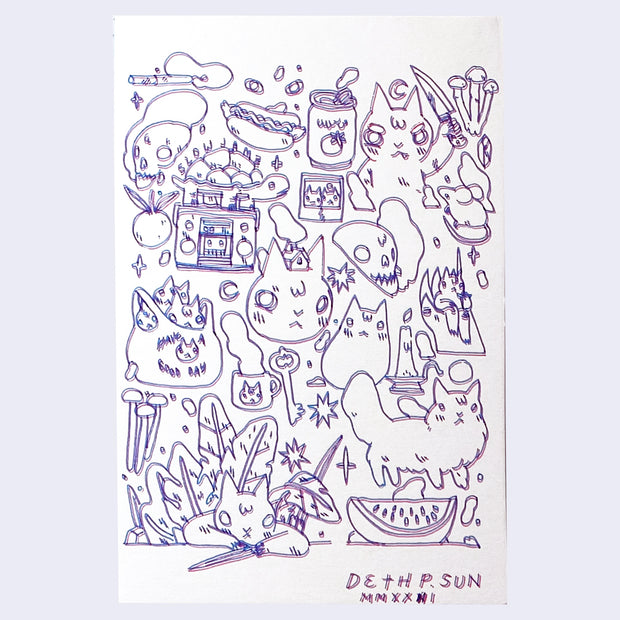 Drawing using a 3D pen, creating a pink line and slightly offset blue line for the same drawing. A collection of doodles filling one page, including several cats, nature objects, weapons, and a watermelon.