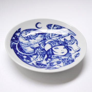 Small white ceramic plate features illustration of a little girl with a large owl behind her and two horse-like heads on either side.