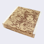 Unstained wooden box with a paper wrap around, featuring a series of illustrations of a stoic looking woman with many mechanical parts coming from her body.