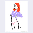 Bold, simplistic line art painting of a woman wearing pink underwear and a purple blouse, which she is lifting up. She has bright red hair and a slightly surprised expression on her face.