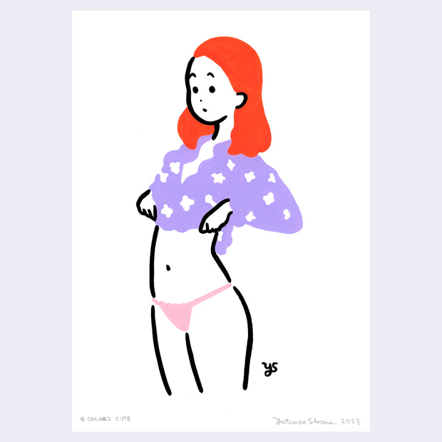 Bold, simplistic line art painting of a woman wearing pink underwear and a purple blouse, which she is lifting up. She has bright red hair and a slightly surprised expression on her face.