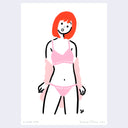 Bold, simplistic line art painting of a woman with bright red hair, wearing a matching pink bra and panties set. She has a pink slip that has fallen off of her shoulders.