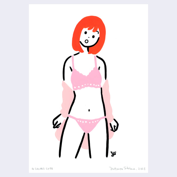 Bold, simplistic line art painting of a woman with bright red hair, wearing a matching pink bra and panties set. She has a pink slip that has fallen off of her shoulders.