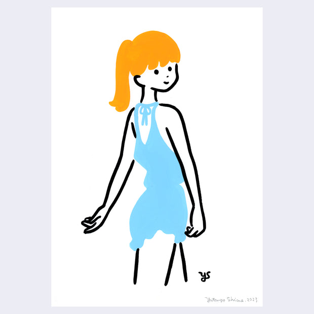 Bold, simplistic line art painting of a woman with orange hair in a ponytail and a blue dress. She looks over her shoulder at the viewer happily and swings her arms at her side.