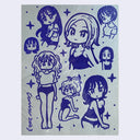 Blue marker drawing on grey paper of 8 sketches of differently posed anime women, all in the same style. Some are close up head portraits, others are full or half body renderings.