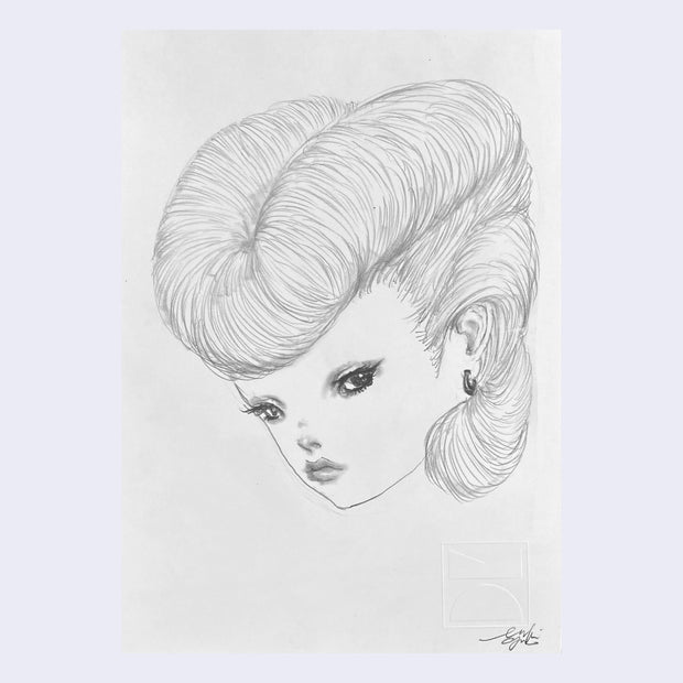 Pencil drawing of a stylized cartoon woman's face, angled down slightly. She has a large pompadour atop her head, which is parted down the middle. She has a slight mullet, with the sides shaved but some hair towards the back of her head, down her neck. 