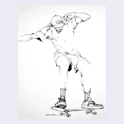 Ink drawing of a man on a skateboard.