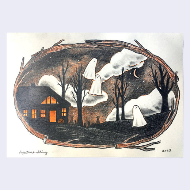 Color pencil drawing of a scene encased in an oval wreath made of branches. The night scene depicts a house near many bare trees, with ghosts flying around it.