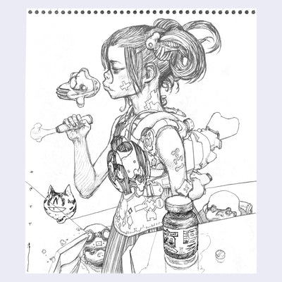 Graphite sketch of a girl with curly pulled back hair, standing and facing the left. She holds a small device in one hand that puts out a puff of smoke and on her body she has many strapped on mechanical elements.