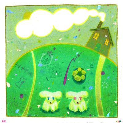 Neon green color pencil drawing of a round mound, resembling a hill, that is actually a tennis ball. 2 cartoon style dogs sit and face the viewer, with a soccer ball behind them and many doodles on the ground. At the upper right of the tennis ball is a house with white smoke coming out of the chimney.