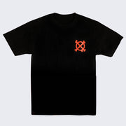 Front side of black t-shirt. Two vermillion colored bones graphic across left chest of t-shirt and lay in the shape of an x.