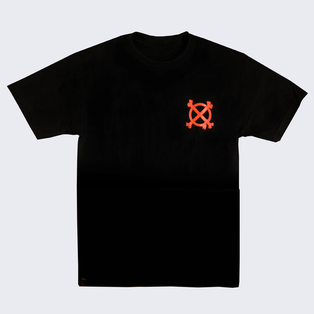 Front side of black t-shirt. Two vermillion colored bones graphic across left chest of t-shirt and lay in the shape of an x.