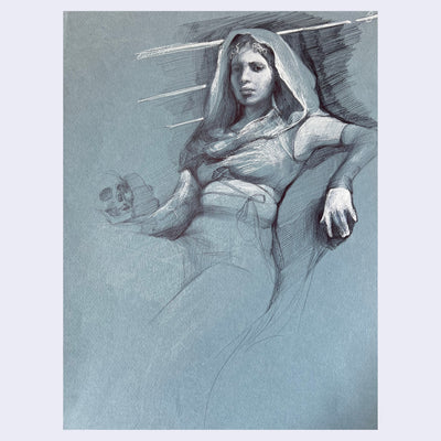 Fine art sketch of a woman, lounging back and wearing a hood over her head on green paper.