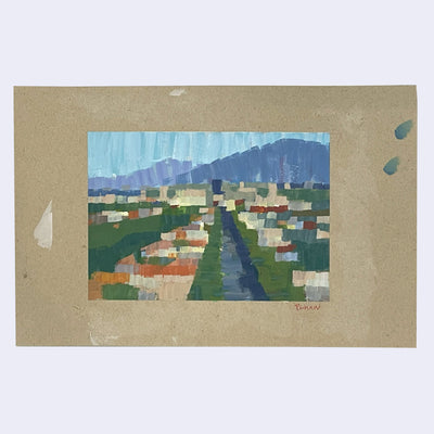 Plein air painting on tan paper of a street or possibly canal, surrounded by grid style housing.