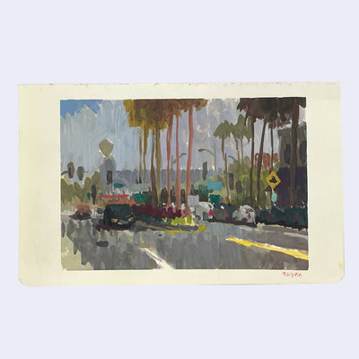 Plein air painting of a city street with palm trees in the center divider. Cars are parked along the street and one drives towards the viewer.