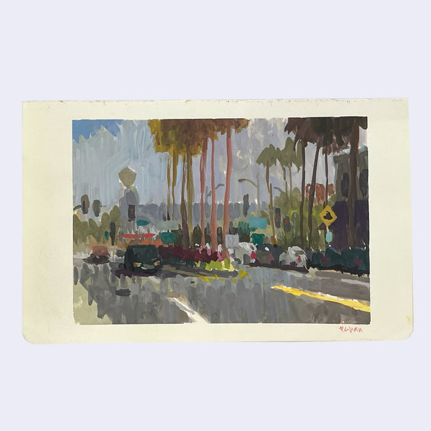 Plein air painting of a city street with palm trees in the center divider. Cars are parked along the street and one drives towards the viewer.