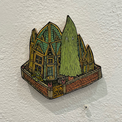 Illustrated wood cut of a Victorian style house, with a large skinny pine tree in front with small eyes. A goblin with a pointy hat stands near the brick fence that gates the house.