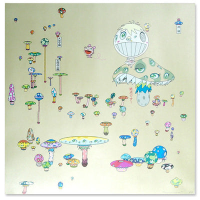Illustration of sparsely appearing mushroom characters, with various cap and stem shapes, sizes and colors. Background in a light green meets cream color.