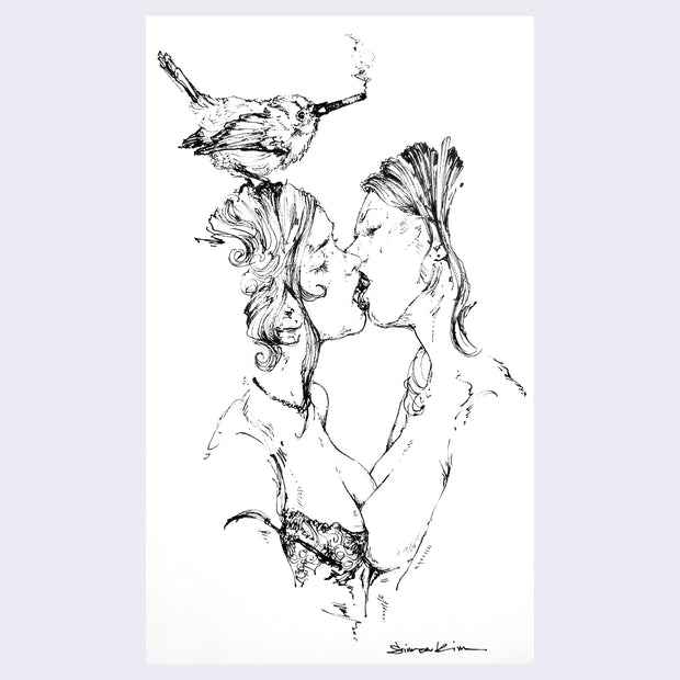 Ink drawing of 2 woman kissing intimately, a bird smoking a cigarette sits atop on of their head.