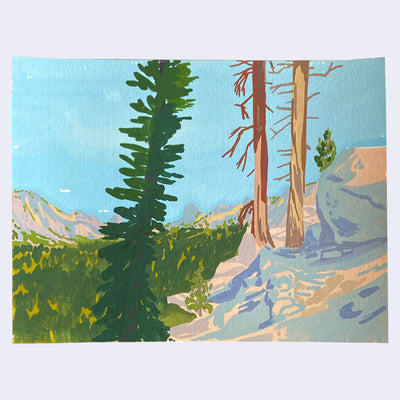 Colorful plein air painting of a forest scene at a high vantage point, with rocks to the right and a large skinny pine tree running down the center of the piece.