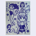 Blue marker drawing on grey paper of 6 sketches of differently posed anime women, all in the same style. Some are close up head portraits, others are full or half body renderings.