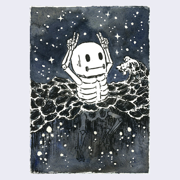 Full bleed watercolor illustration of a white cartoon skeleton submerged halfway in a body of water, making two peace signs with its hands. Colors are dark blues and grays, with white accents of bubbles in the water and stars in the night sky.