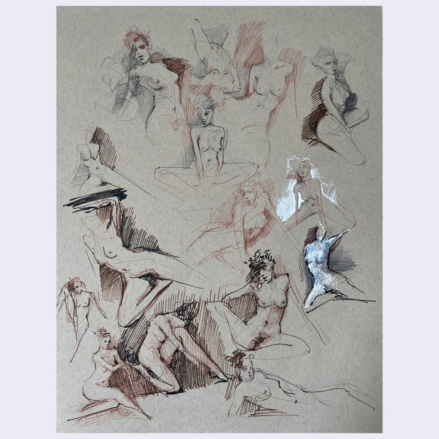 Series of many figure drawing sketches of a nude woman in various poses.