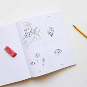 Open book spread with a page divided into 4 quadrants, each with their own drawing prompt. A doodle in in each section, with a pencil and eraser nearby.