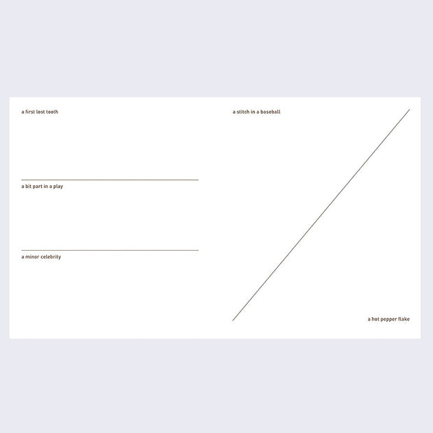 2 page spread. Left page divided into 3 sections, each with their own drawing topic. Right page divided into 2 sections diagonally with a drawing topic on each side.